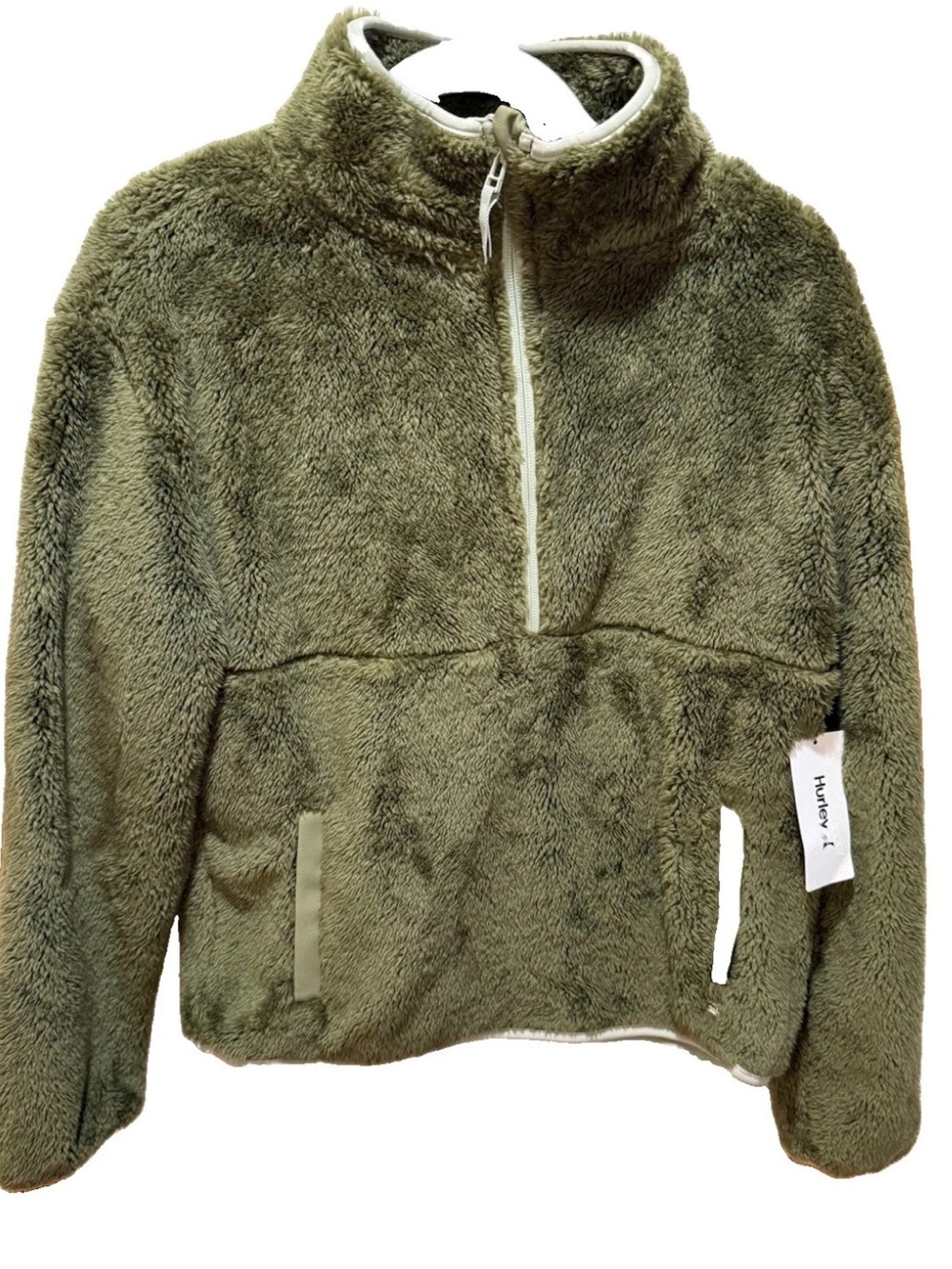 HURLEY Jacket Womens Fuzzy Fleece Green Half Zip SZ SMALL Warm Contrast Trim NWT